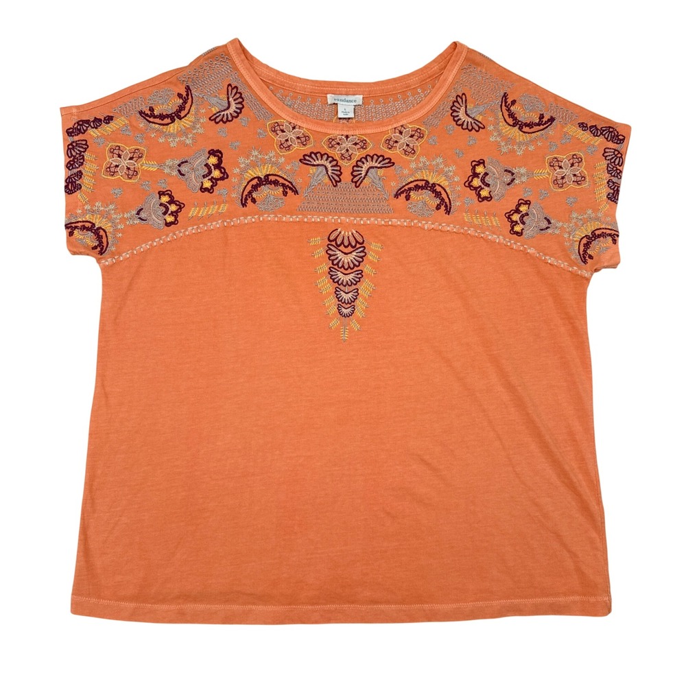 Sundance Shirt Womens Size Large Orange Short Sleeve Embroidered Casual Boho